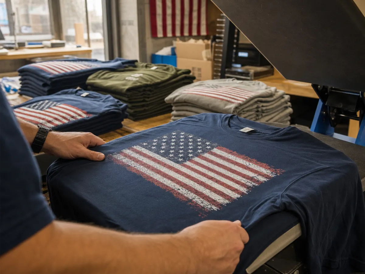 Hands smoothing a freshly printed navy patriotic t-shirt on a print table