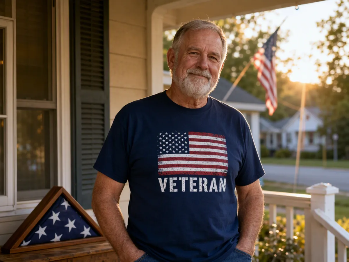 A proud American veteran on his front porch wearing a navy patriotic veteran tee